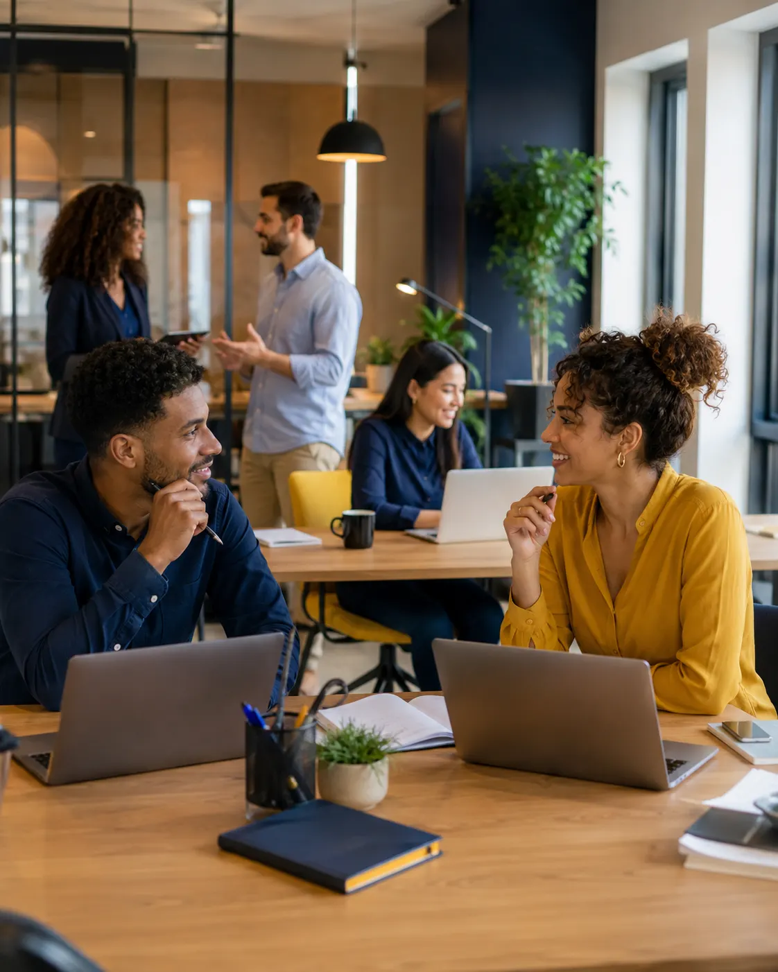 Equipe de RH e colaboradores em ambiente de trabalho colaborativo