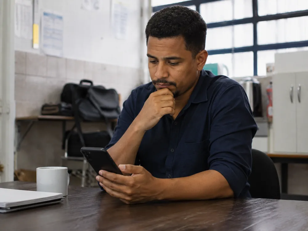 Trabalhador CLT consultando condições de crédito pelo celular