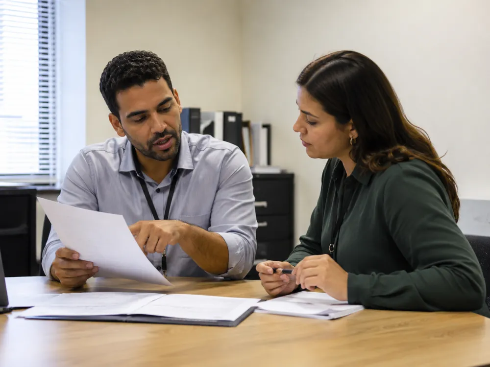 Duas profissionais revisando documentos sobre uma mesa
